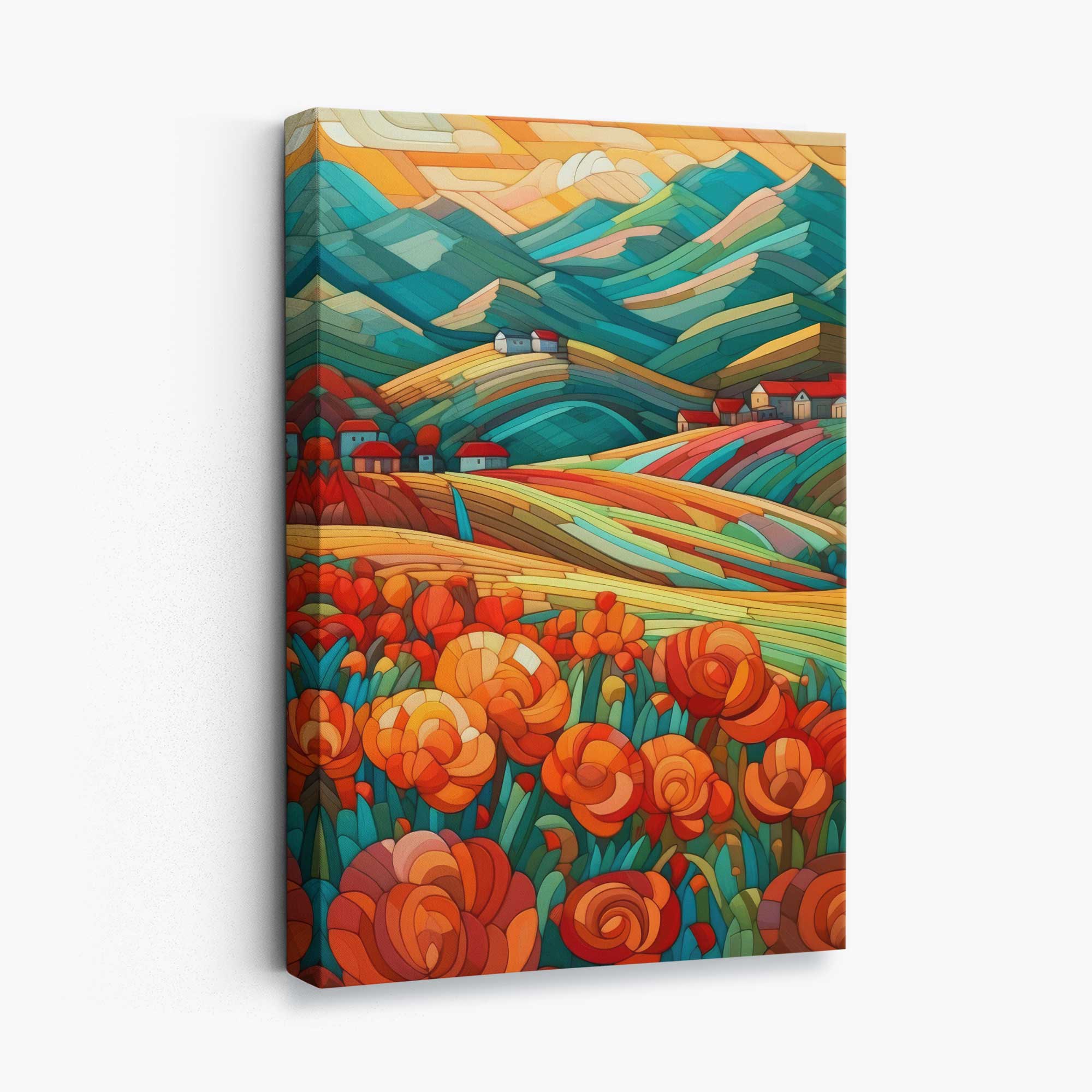 Abstract Canvasprint Landschap met Rode Bloemen Voor Thuisdecoratie 0