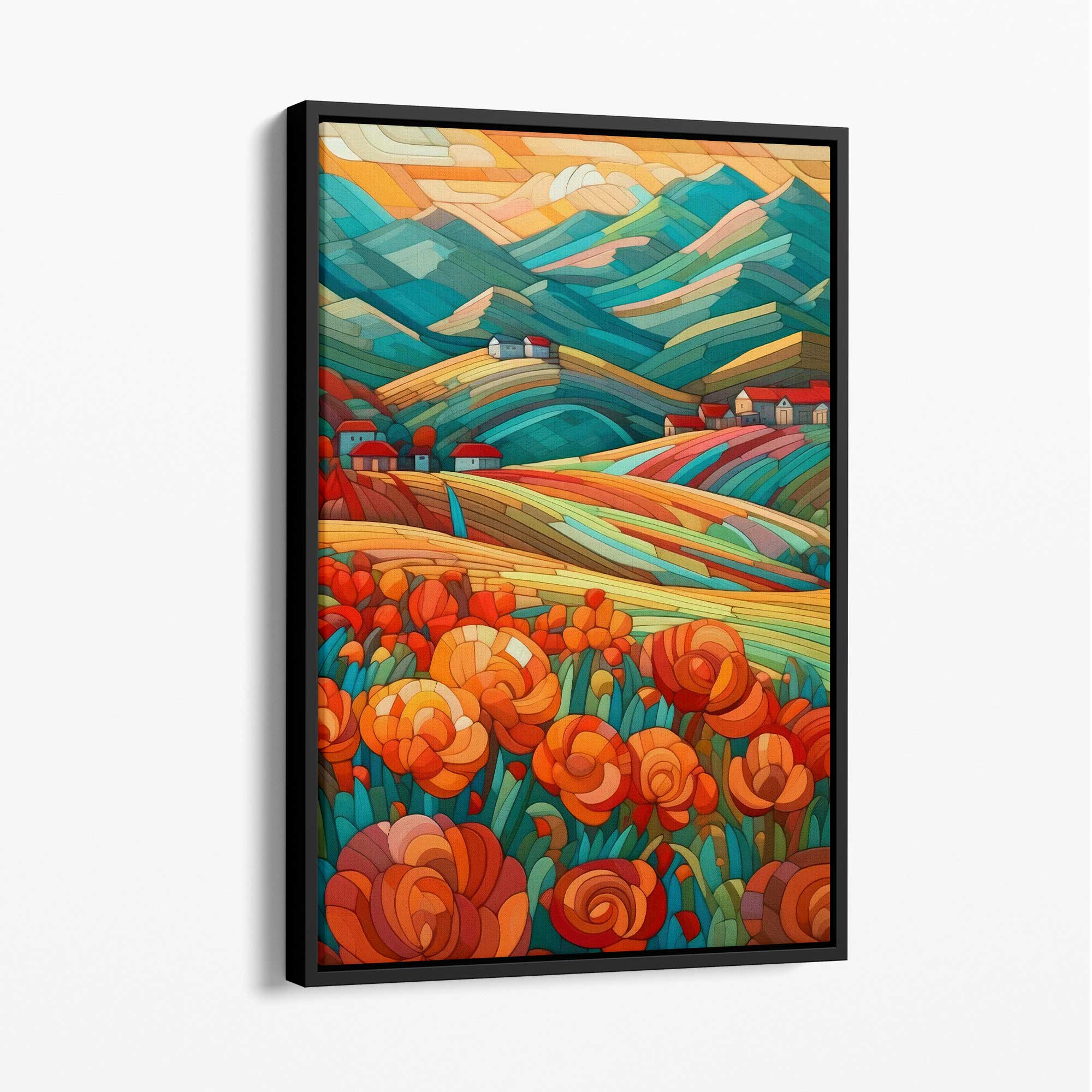 Abstract Canvasprint Landschap met Rode Bloemen Voor Thuisdecoratie 1