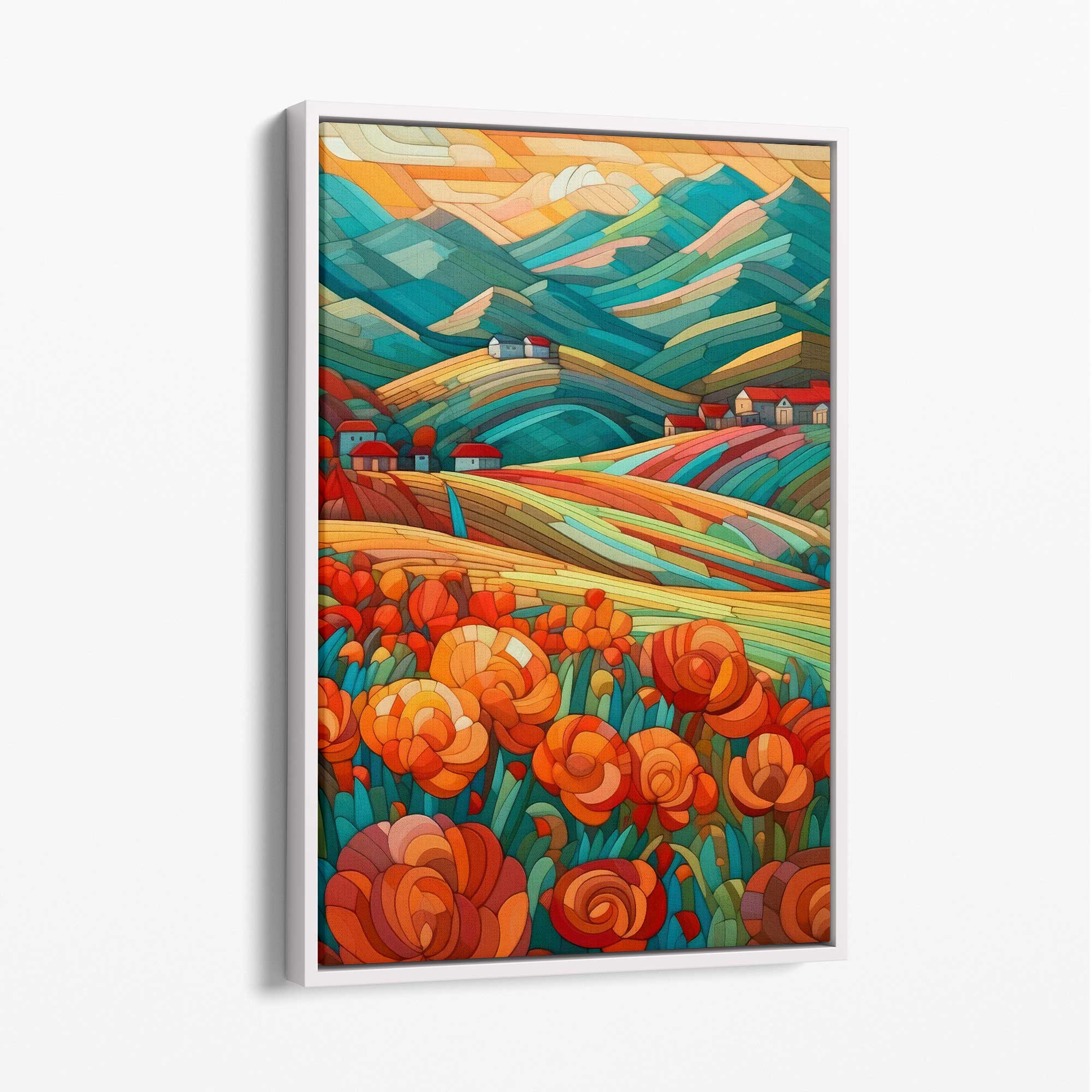 Abstract Canvasprint Landschap met Rode Bloemen Voor Thuisdecoratie 2