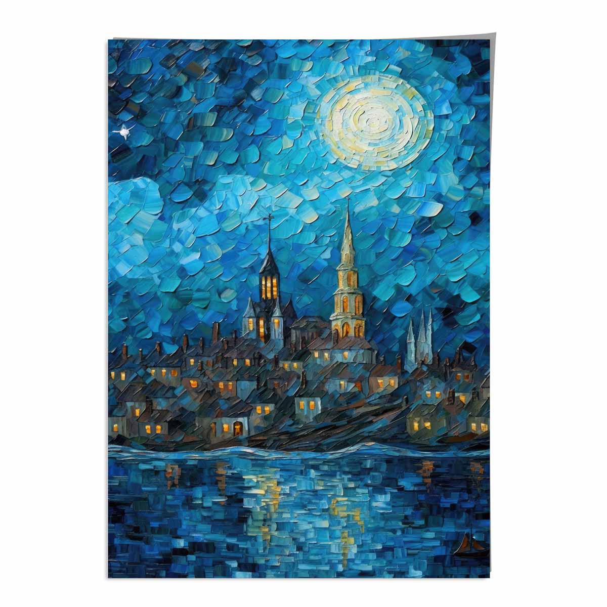 Art Print Nachtlandschap Stad aan het Meer 0