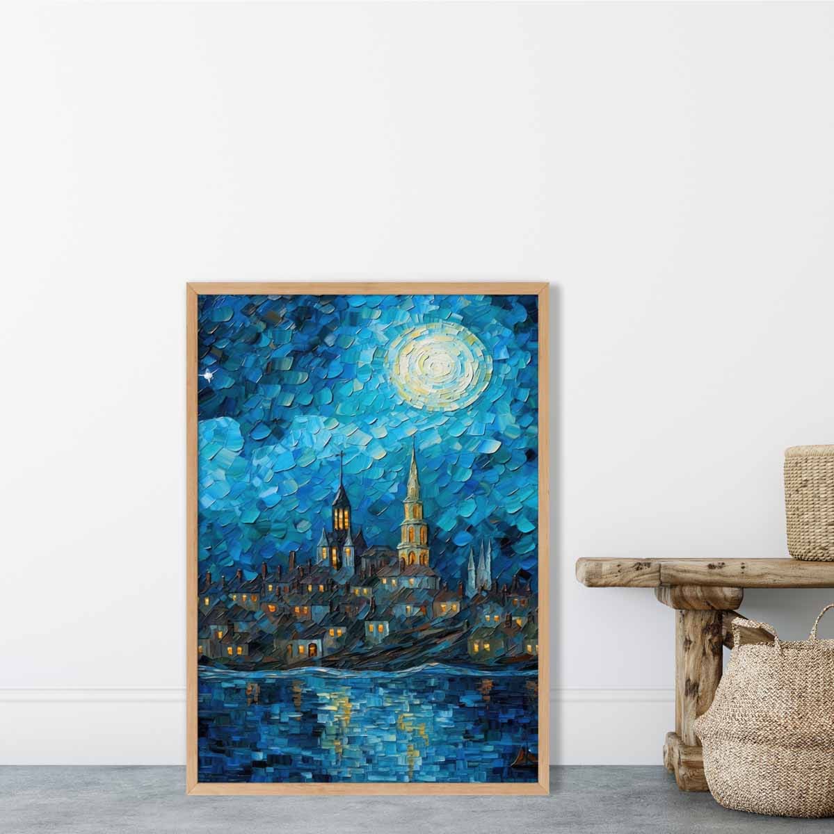 Art Print Nachtlandschap Stad aan het Meer 1