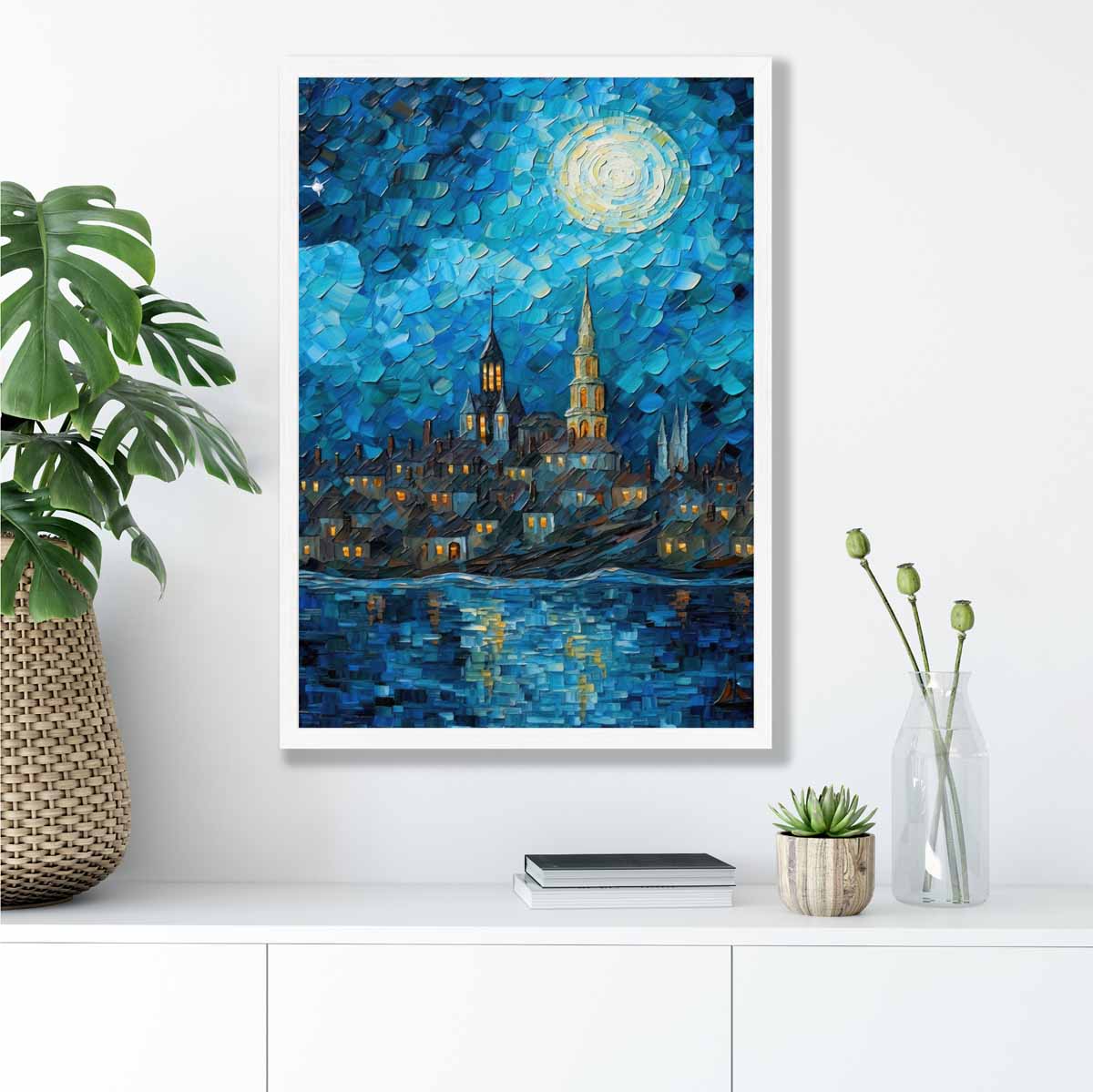 Art Print Nachtlandschap Stad aan het Meer 4