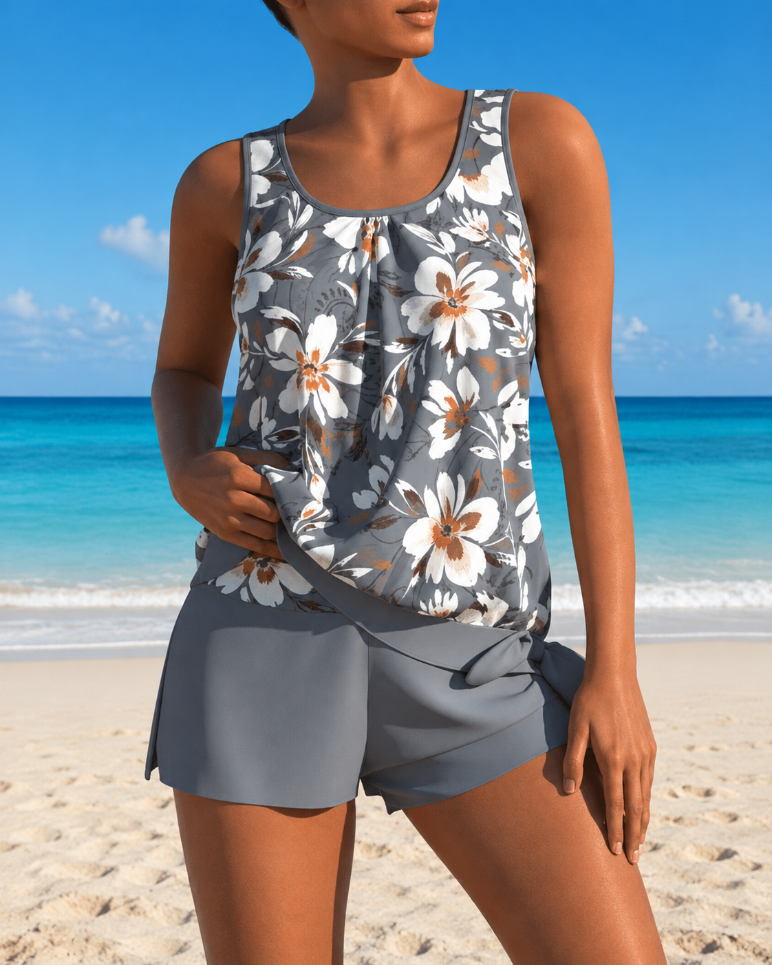 Dames Tankini Set met Bloemmotief en Tweekleurig Design