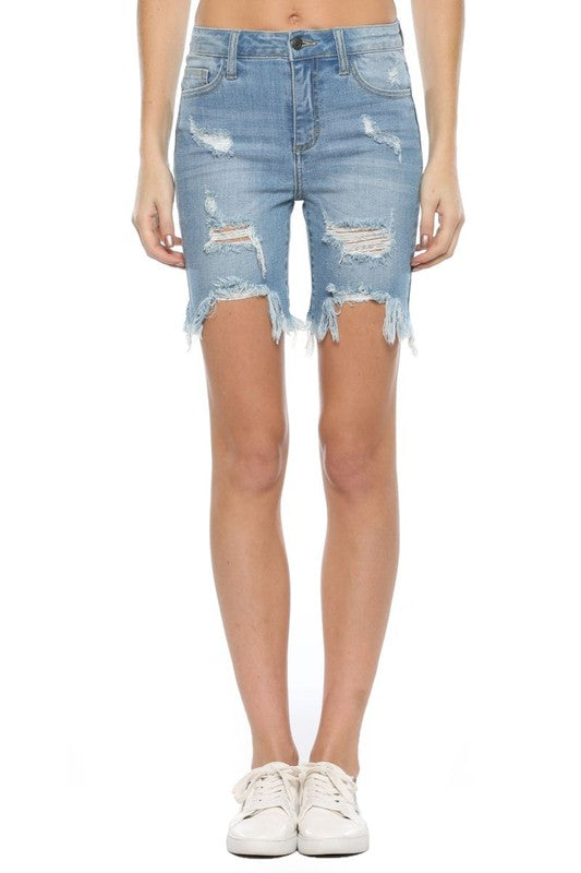Dames Bermuda Shorts Hoog Taille Ongelijk Franje Licht Denim 0