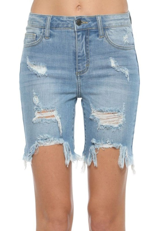 Dames Bermuda Shorts Hoog Taille Ongelijk Franje Licht Denim 3