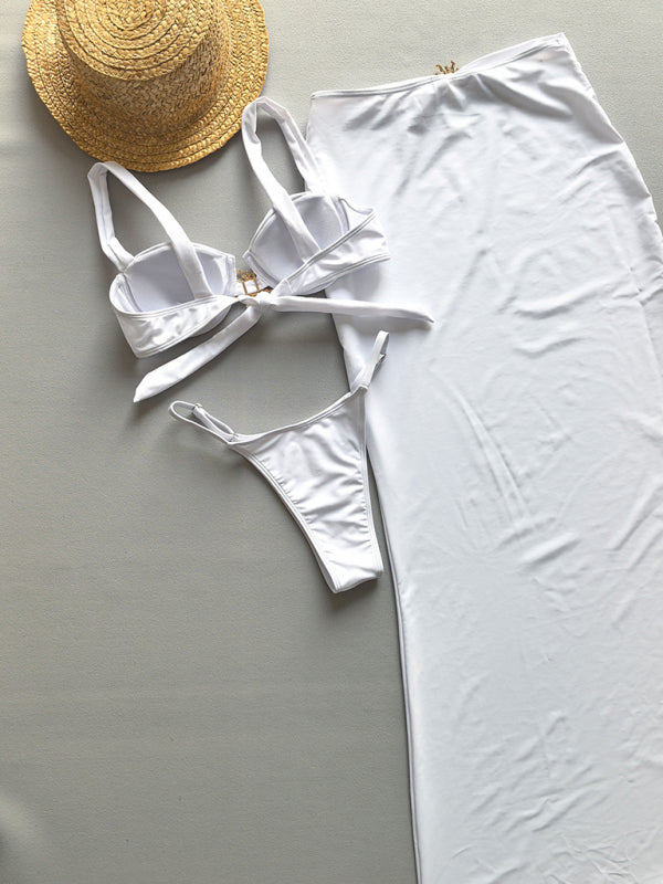 Dames Bikini Drie Delige Set met Bandeau Top en Maxi Rok van Nylon en Spandex 2