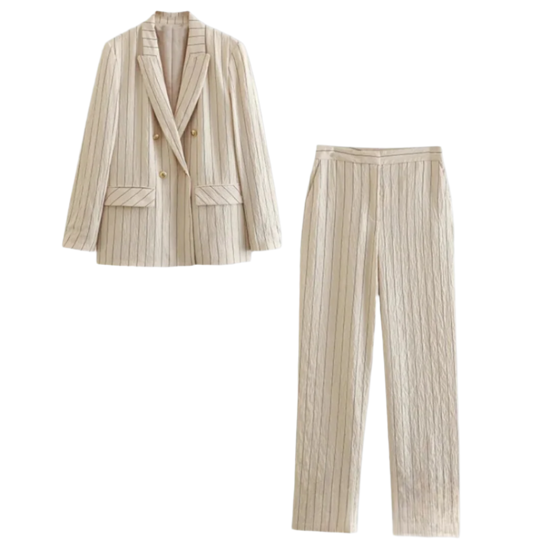 Dames Blazer en Broek Set met Fijn Gestreept Design 0