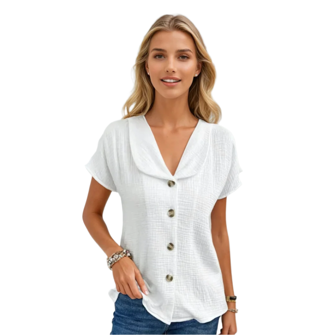 Dames Blouse Gedrapeerde Kraag en Knopen Zachte Ademend Stoffen Relaxed Fit 0