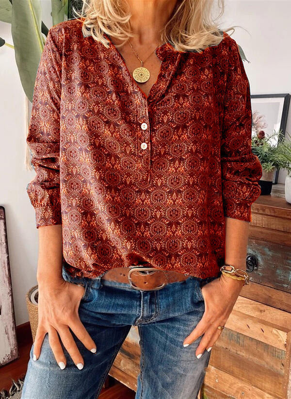 Dames Blouse Met Allover Print En Cutout Halslijn 1