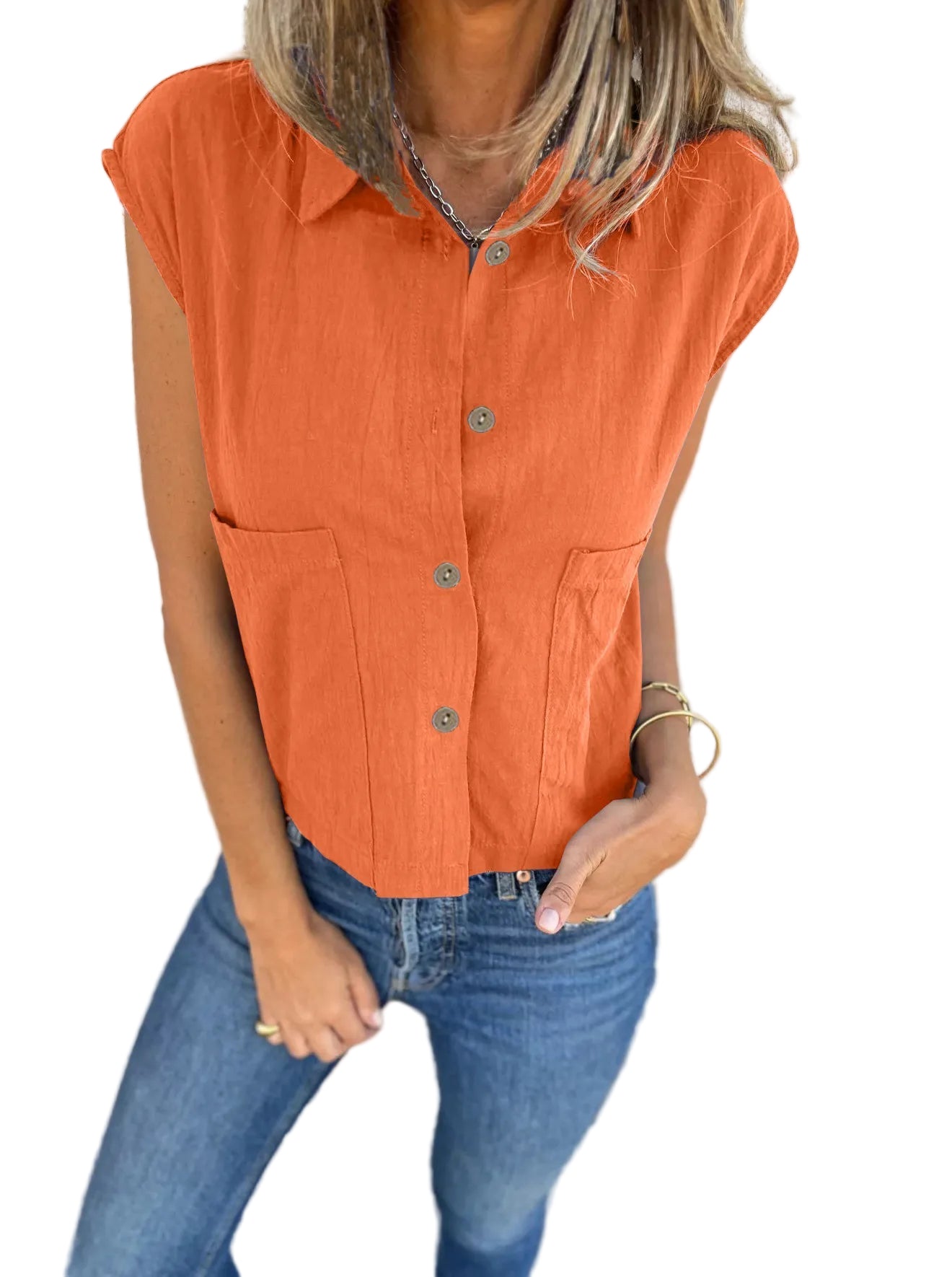 Dames Blouse Met Knoopsluiting Linnen Cap Sleeves 0