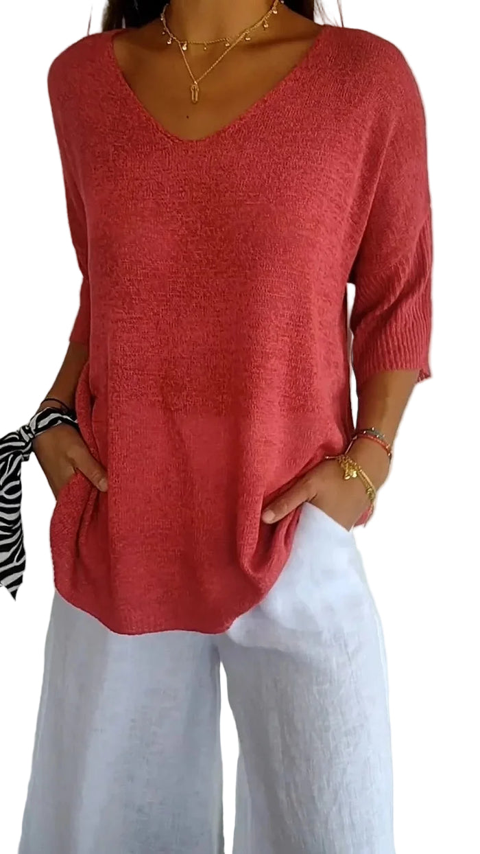 Dames Blouse V-Hals Zacht Breiwerk Casual Top 0