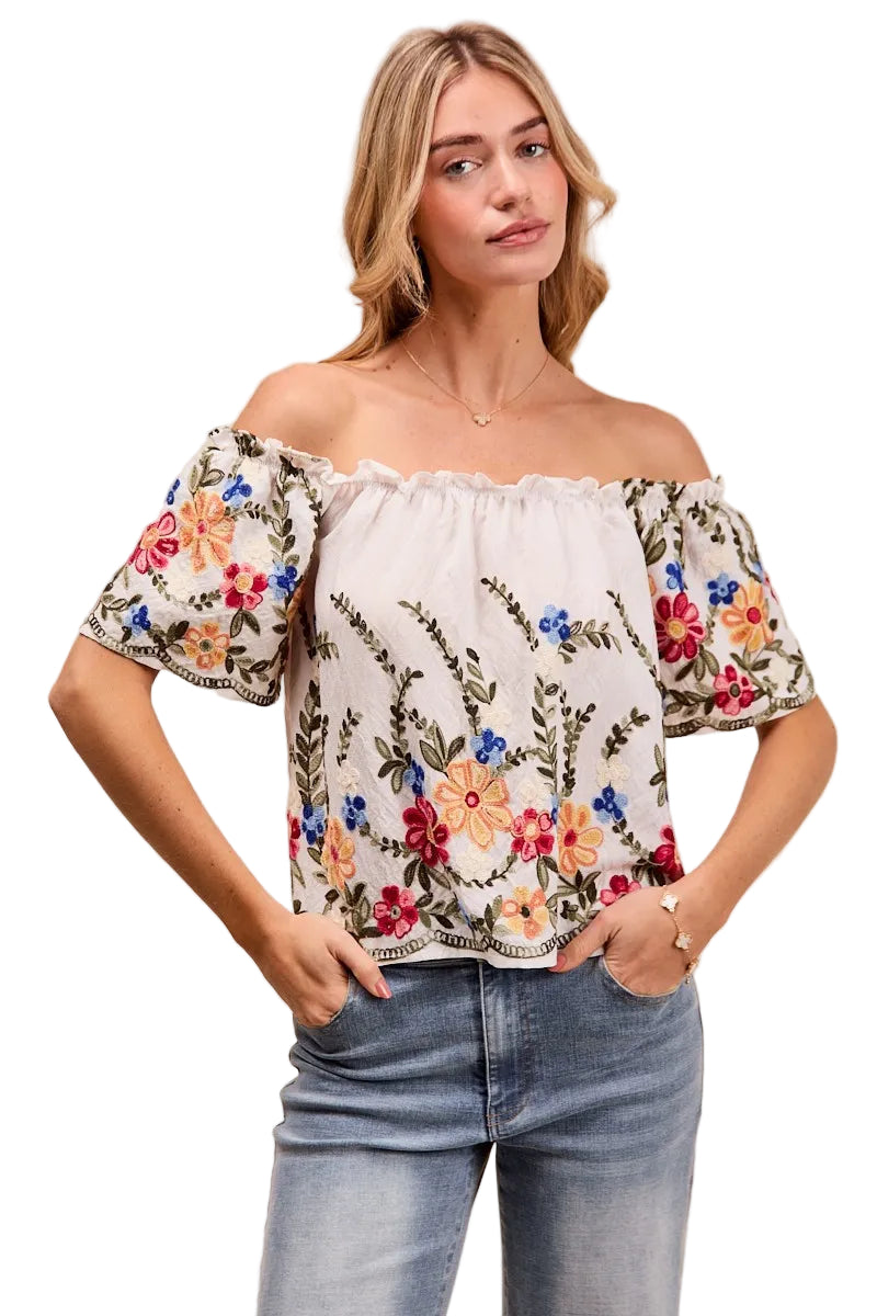 Dames Blouse met Bloemenborduursel en Off-Shoulder Stijl 0