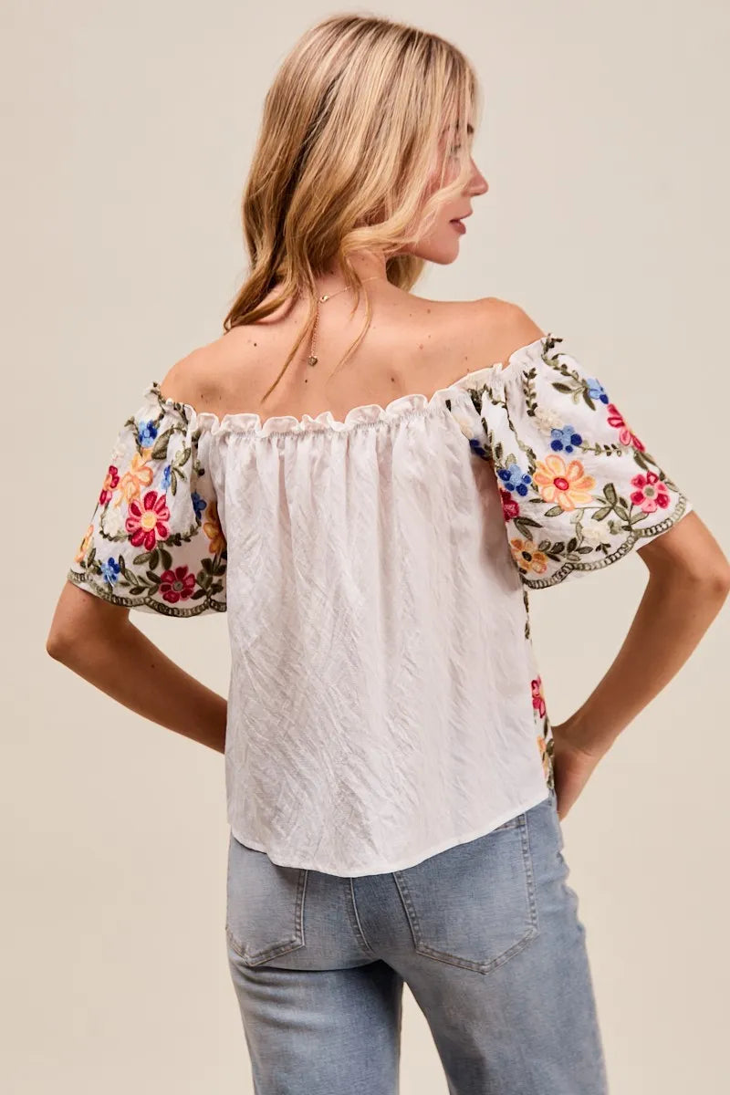 Dames Blouse met Bloemenborduursel en Off-Shoulder Stijl 1