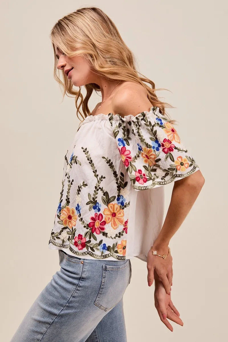 Dames Blouse met Bloemenborduursel en Off-Shoulder Stijl 2