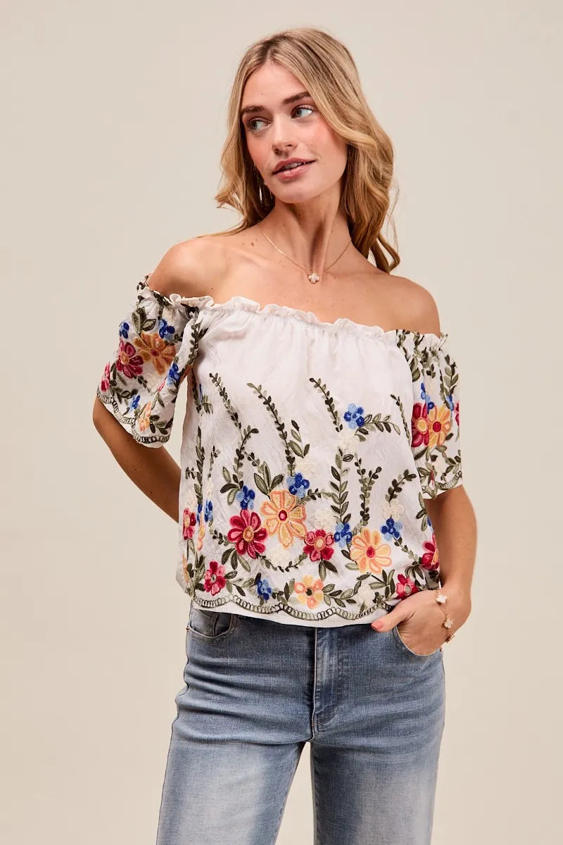 Dames Blouse met Bloemenborduursel en Off-Shoulder Stijl 3