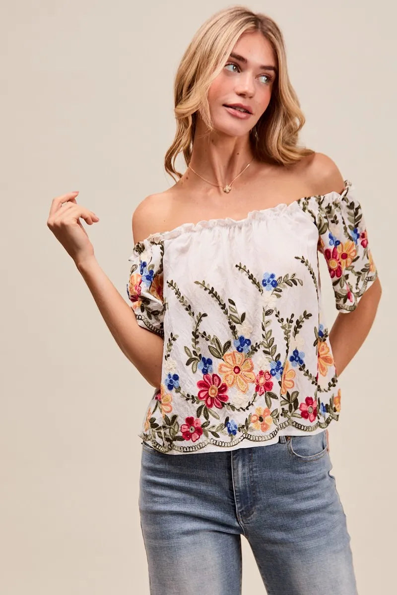 Dames Blouse met Bloemenborduursel en Off-Shoulder Stijl 4