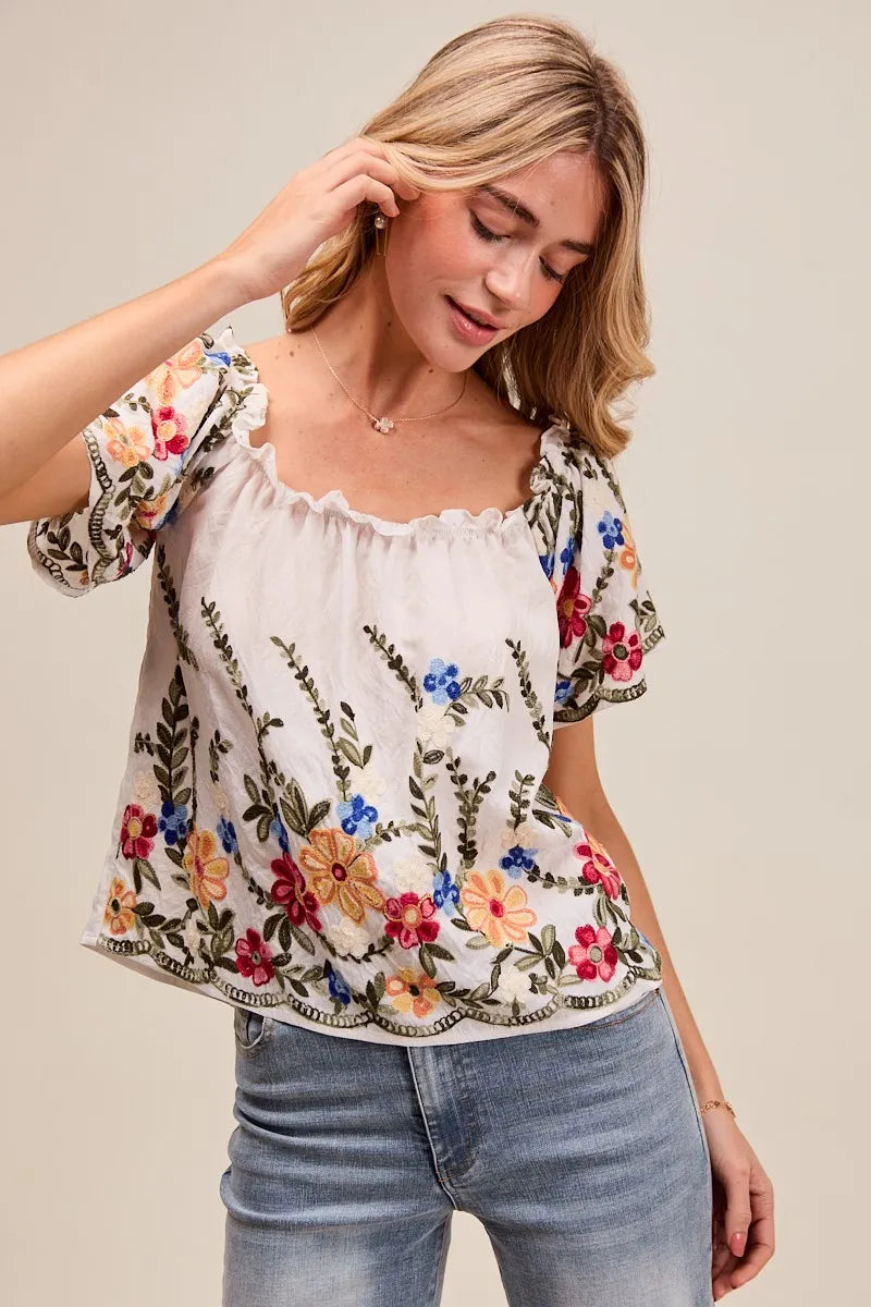 Dames Blouse met Bloemenborduursel en Off-Shoulder Stijl 6