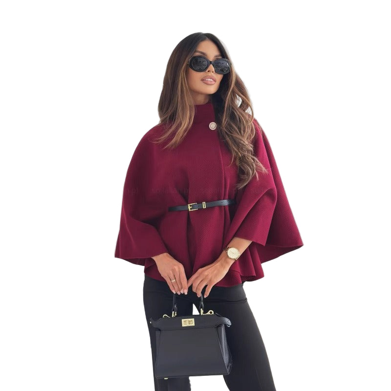 Dames Cape Coat met Hoge Hals en Ceintuur 0