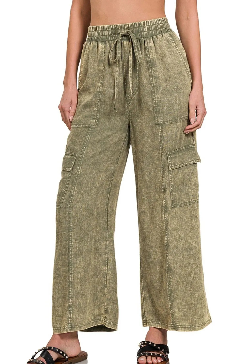 Dames Cargo Broek Gewassen Linnen Met Elastische Tailleband 0