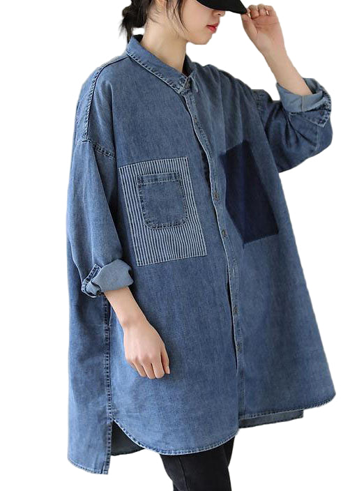 Dames Casual Denim Blouse met Peter Pan-kraag 0