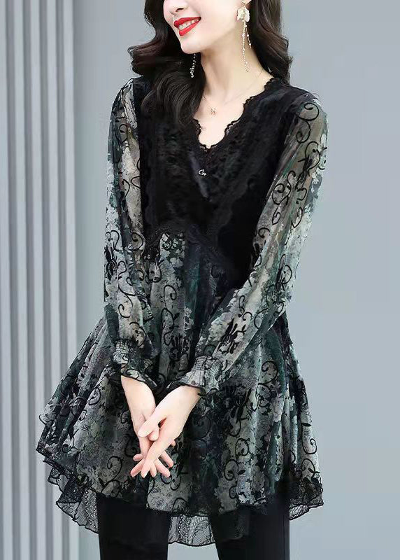 Dames Chiffon Top met V-hals en Lange Mouwen 0