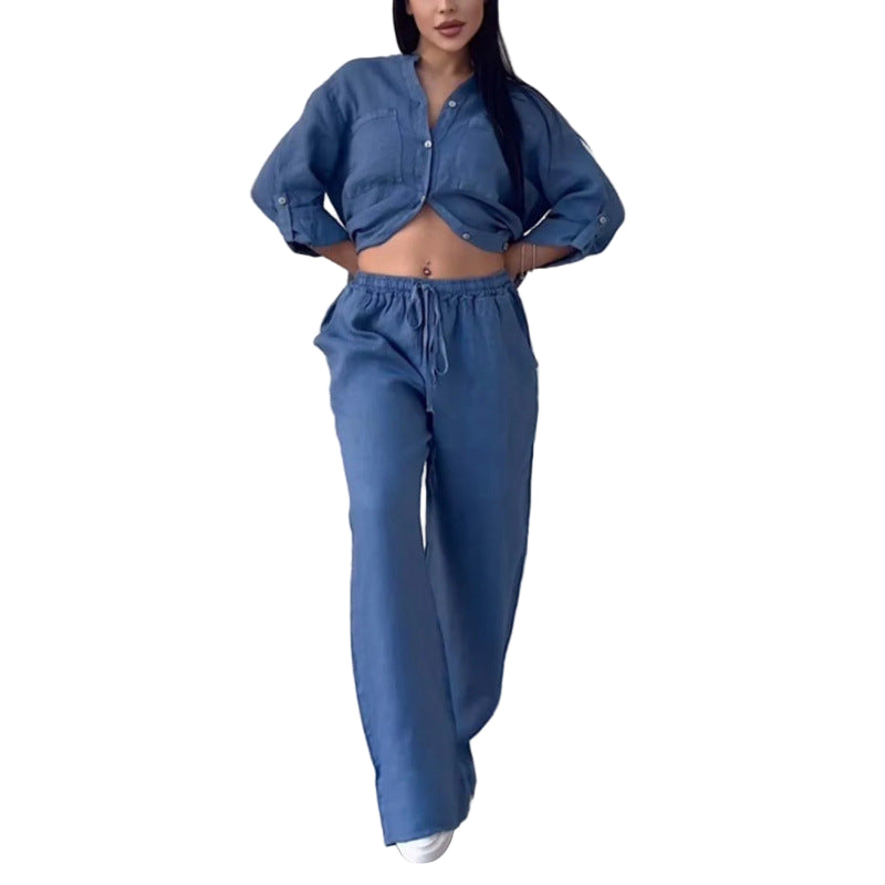 Dames Comfy Two Piece Set Linnenmix Met Wijde Pijpen En Knoopsluiting 0