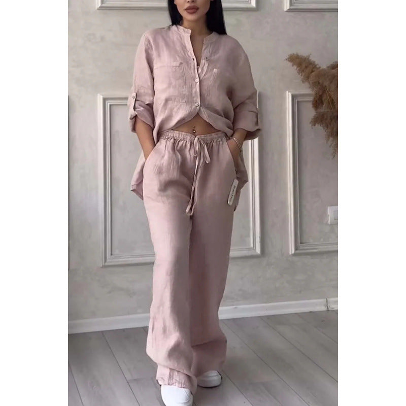 Dames Comfy Two Piece Set Linnenmix Met Wijde Pijpen En Knoopsluiting 11