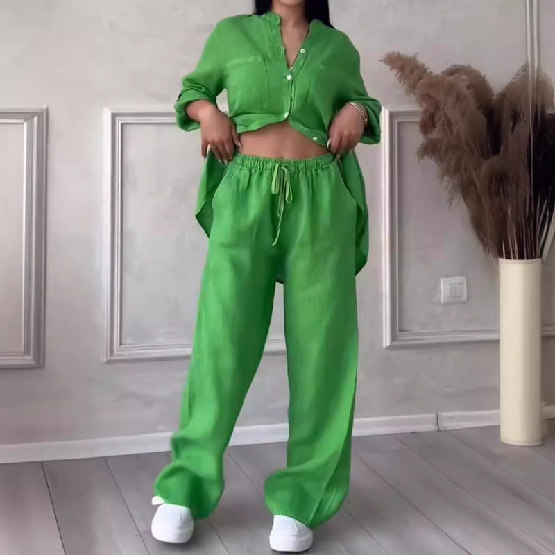 Dames Comfy Two Piece Set Linnenmix Met Wijde Pijpen En Knoopsluiting 2