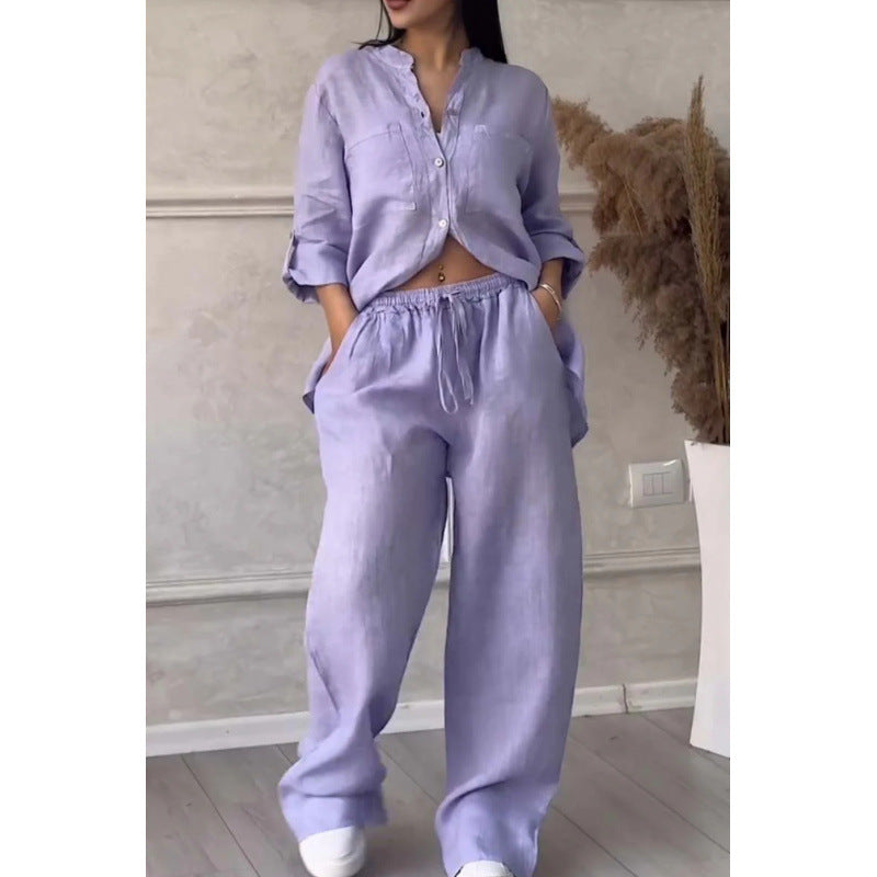 Dames Comfy Two Piece Set Linnenmix Met Wijde Pijpen En Knoopsluiting 7