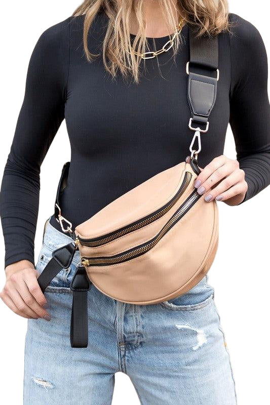 Dames Crossbody Tas Dubbele Rits Nylon Met Vegan Leren Accenten 0