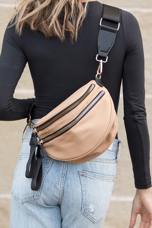 Dames Crossbody Tas Dubbele Rits Nylon Met Vegan Leren Accenten 3