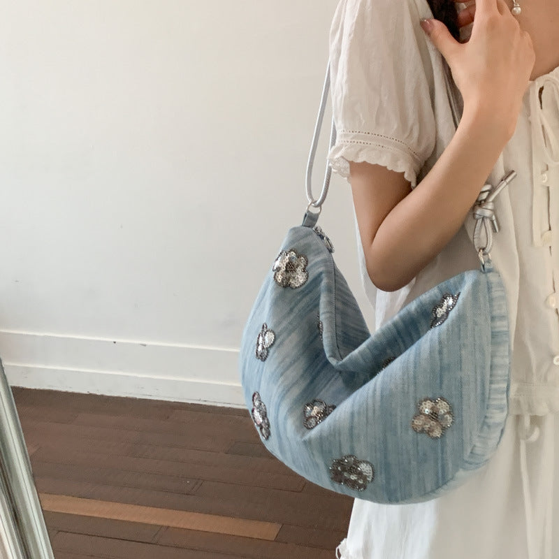 Dames Denim Handtas met Bloemenversiering 1