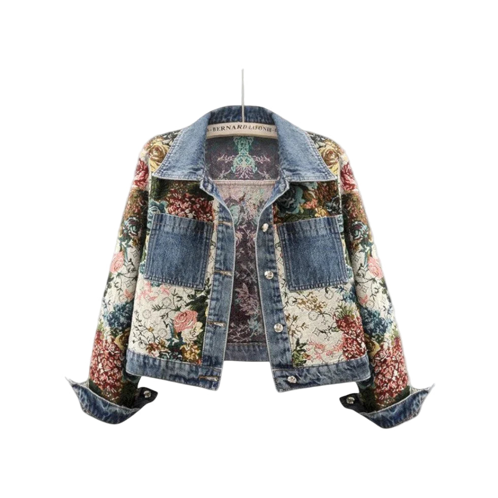 Dames Denim Jack met Bloemenpatchwork Boho-stijl 0