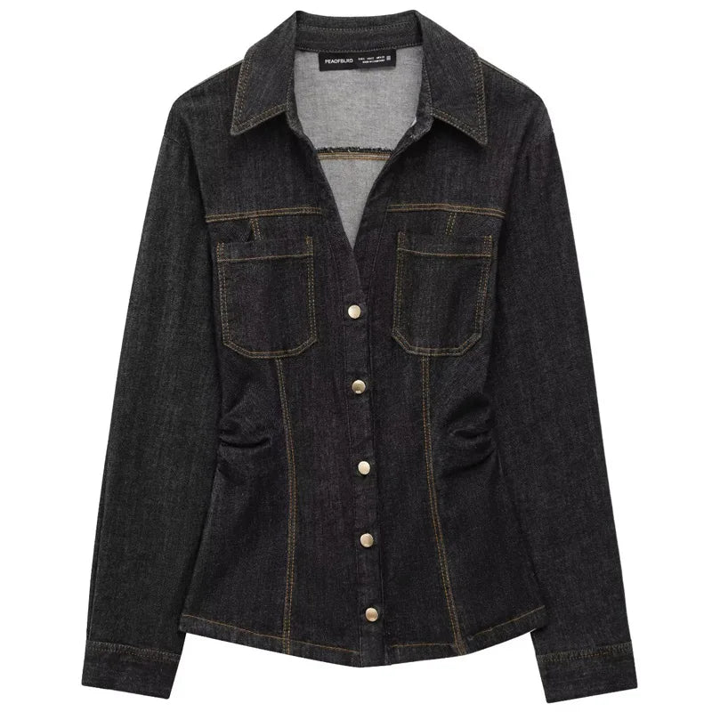 Dames Denim Tweedelig Set met Lange Mouwen en Flared Broek 0