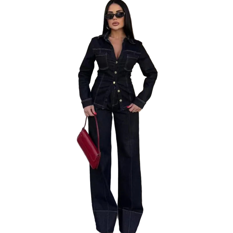 Dames Denim Tweedelig Set met Lange Mouwen en Flared Broek 1