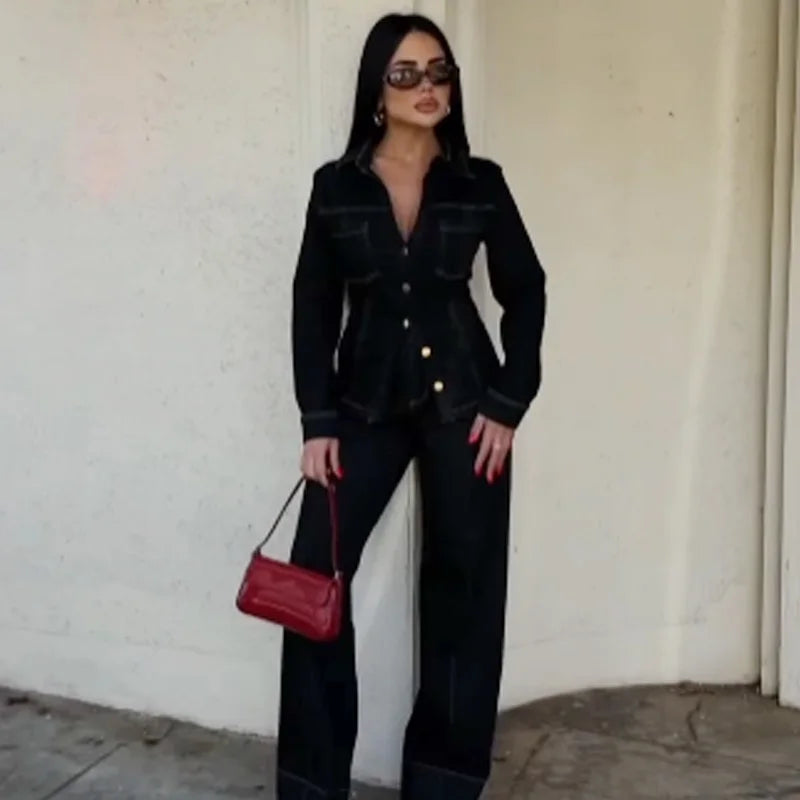 Dames Denim Tweedelig Set met Lange Mouwen en Flared Broek 3