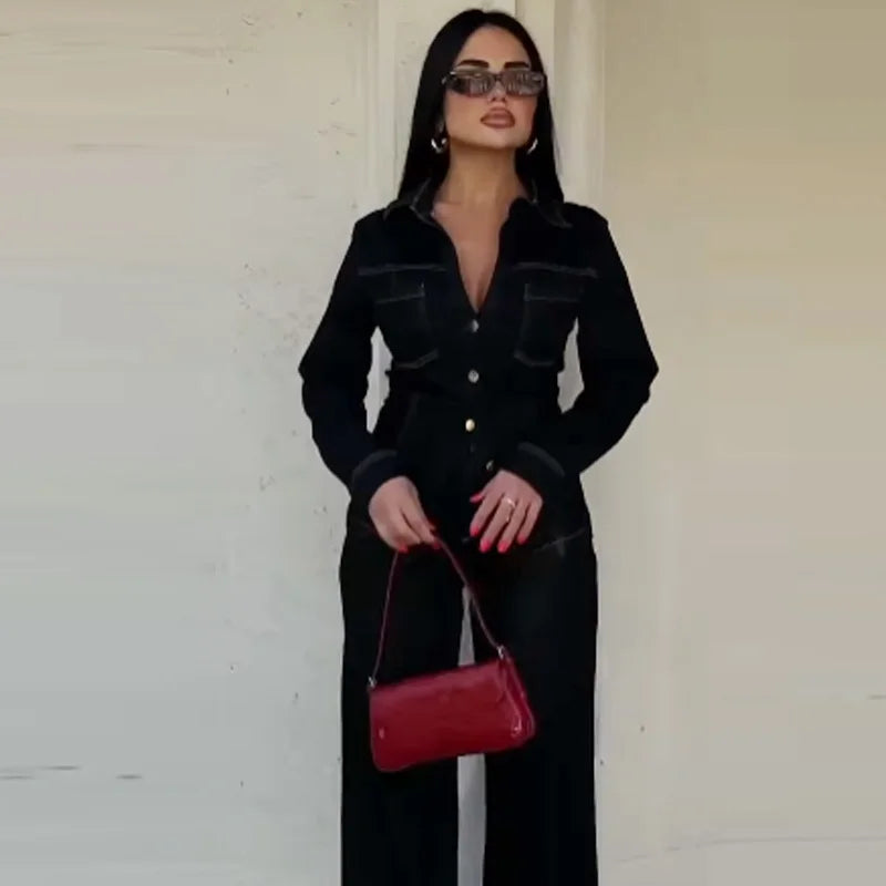 Dames Denim Tweedelig Set met Lange Mouwen en Flared Broek 4