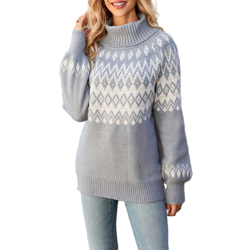 Dames Gebreide Trui met Hoge Kraag en Geometrisch Patroon 0