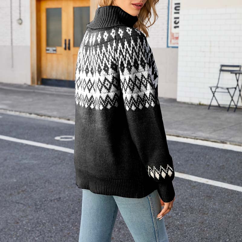 Dames Gebreide Trui met Hoge Kraag en Geometrisch Patroon 8