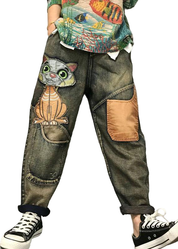 Dames Harem Jeans met Cat Borduursel en Patchwork 0