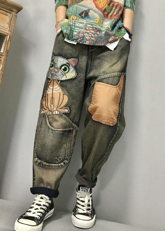Dames Harem Jeans met Cat Borduursel en Patchwork 3