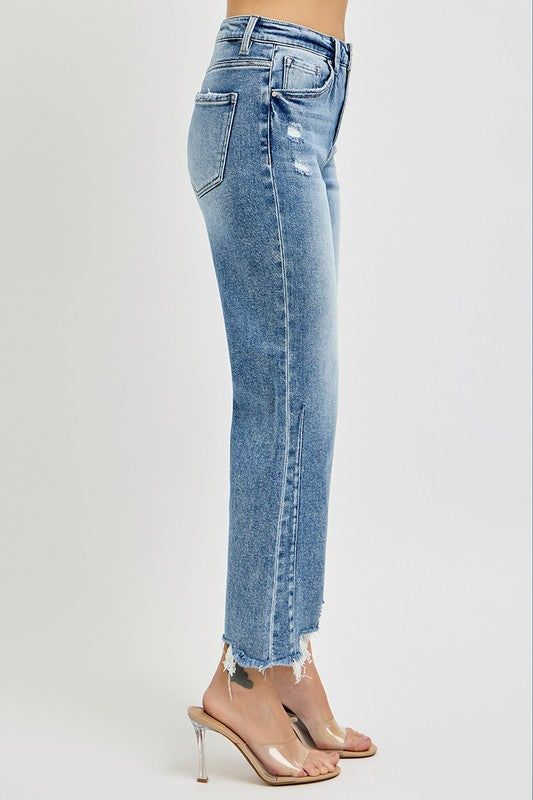 Dames Hoge Taille Crop Straight Jeans Met Verweerde Zoom 3