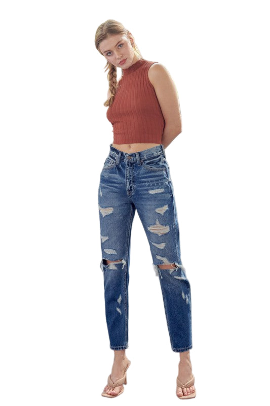 Dames Hoge Taille Mom Fit Denim Jeans 0
