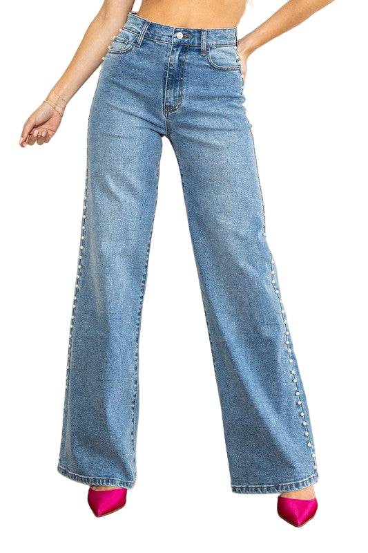 Dames Hoge Taille Wijde Jeans Met Parels Medium Stone 0