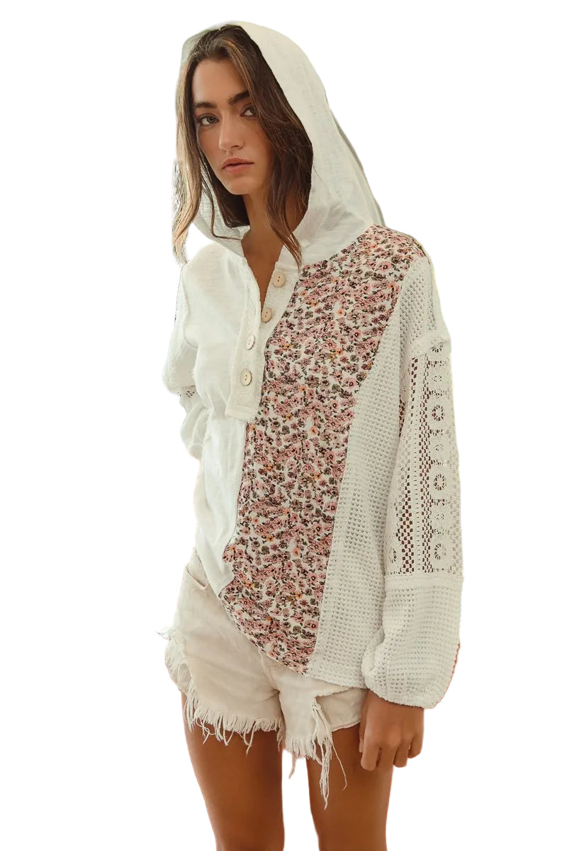Dames Hoodie Top Knoop Kant Slub Jersey 0