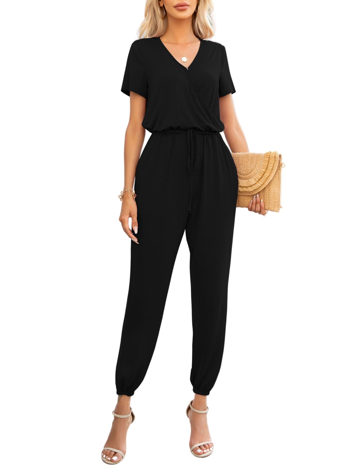 Dames Jumpsuit met Korte Mouwen V-Hals en Zakken 0