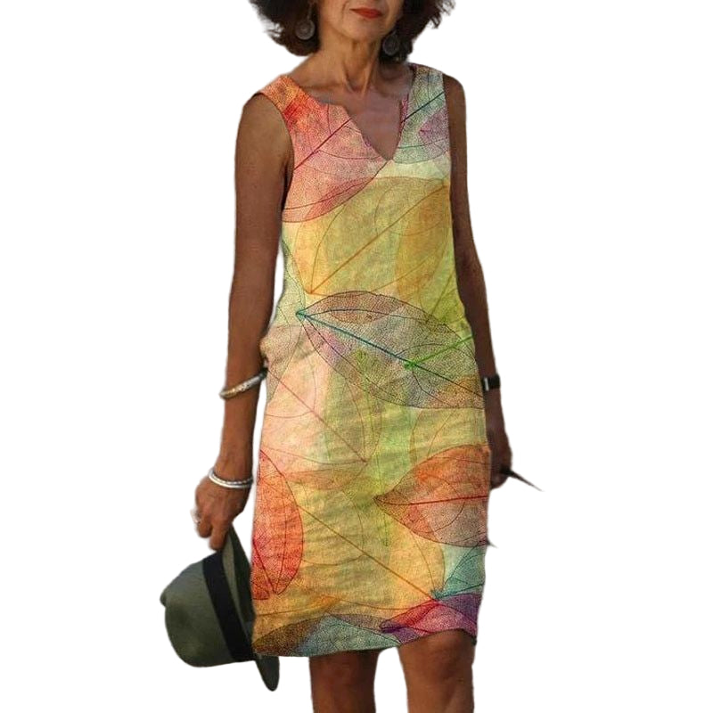 Dames Jurk Mouwloos Met Bladerenprint Voor Herfst 0