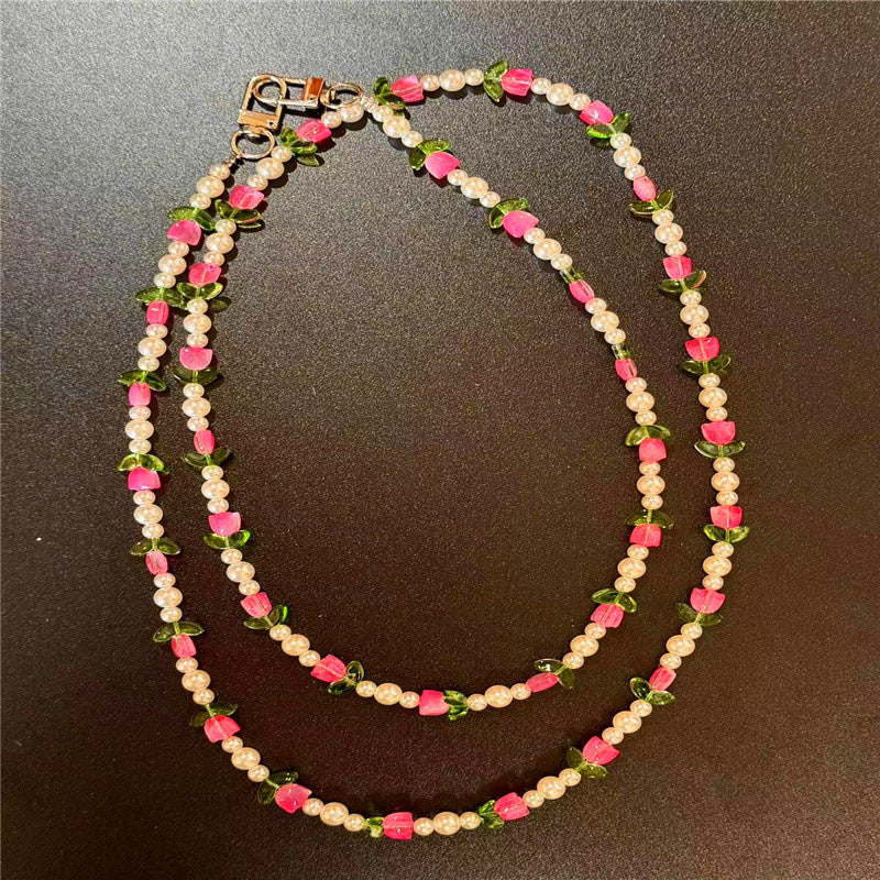 Dames Ketting Parel en Bloemen Design 2