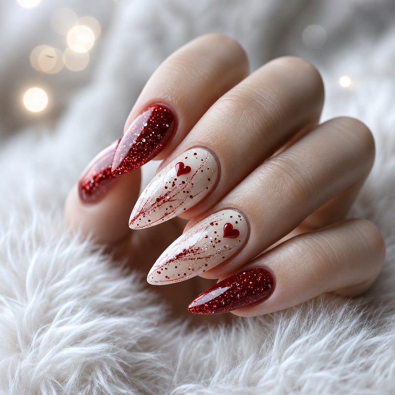 Dames Kunstnagels met Glitter en Hart Motief 1