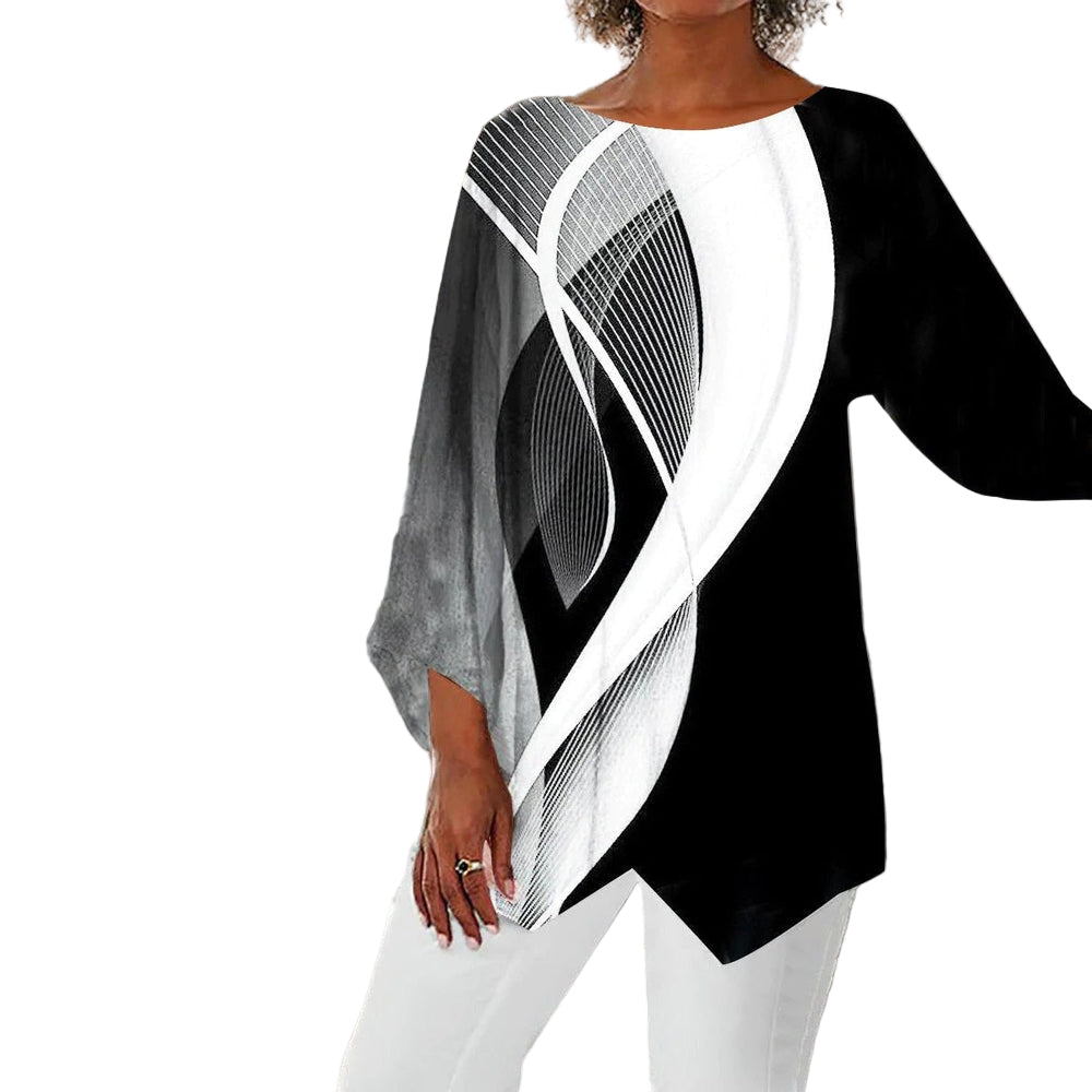 Dames Langarm Top Geometrisch Design Zwart-Wit 0
